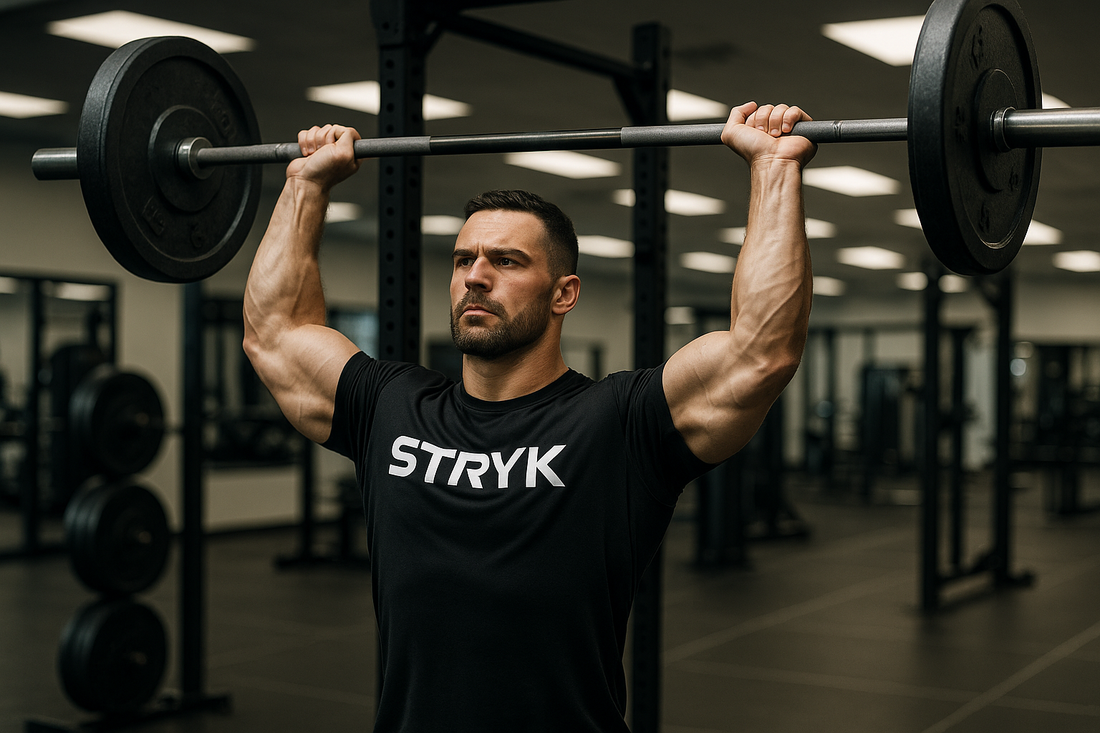 Man lifting weights in a gym wearing STRYK gym apparel - built for strength and performance 