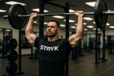 Man lifting weights in a gym wearing STRYK gym apparel - built for strength and performance 
